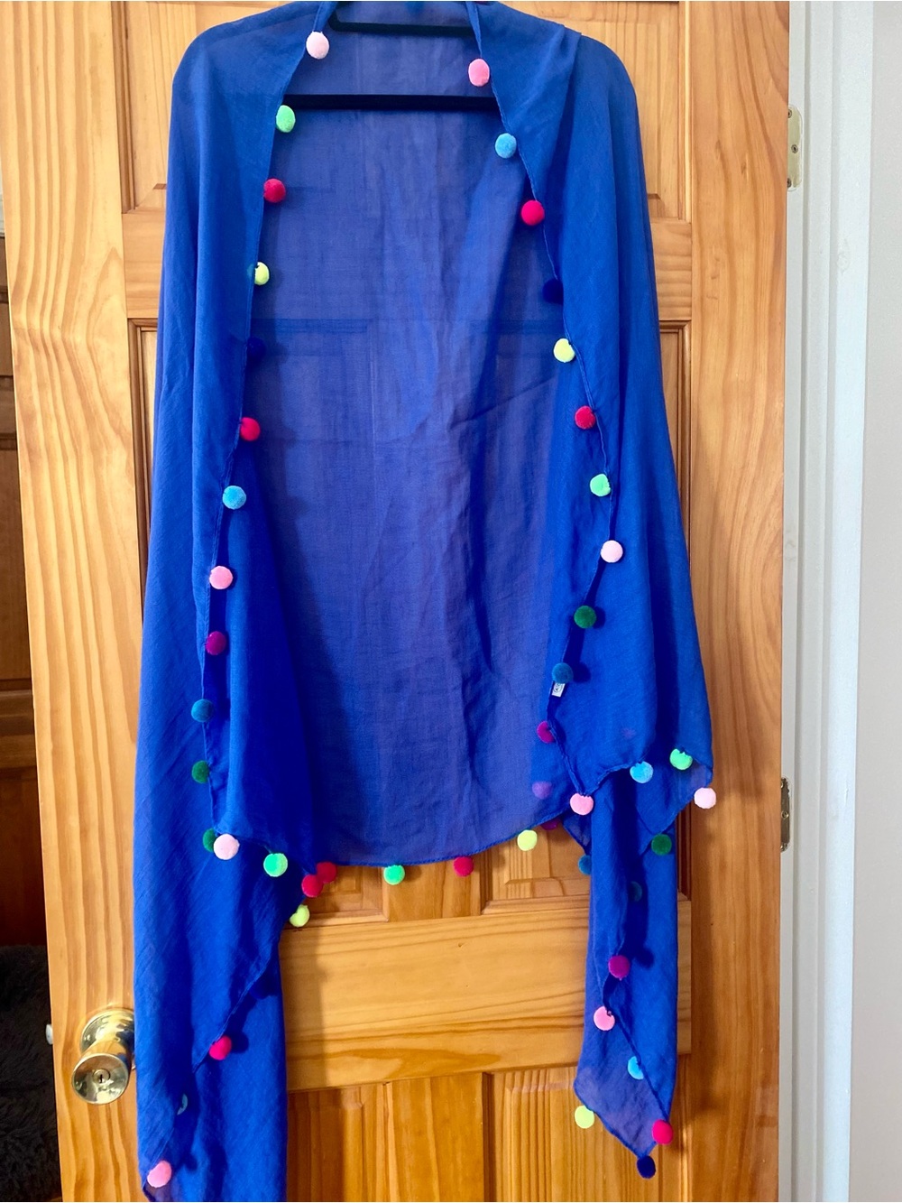 Royal Blue Pom Pom Scarf Shawl Wrap Oversized Boho Resort Beach Cover Up